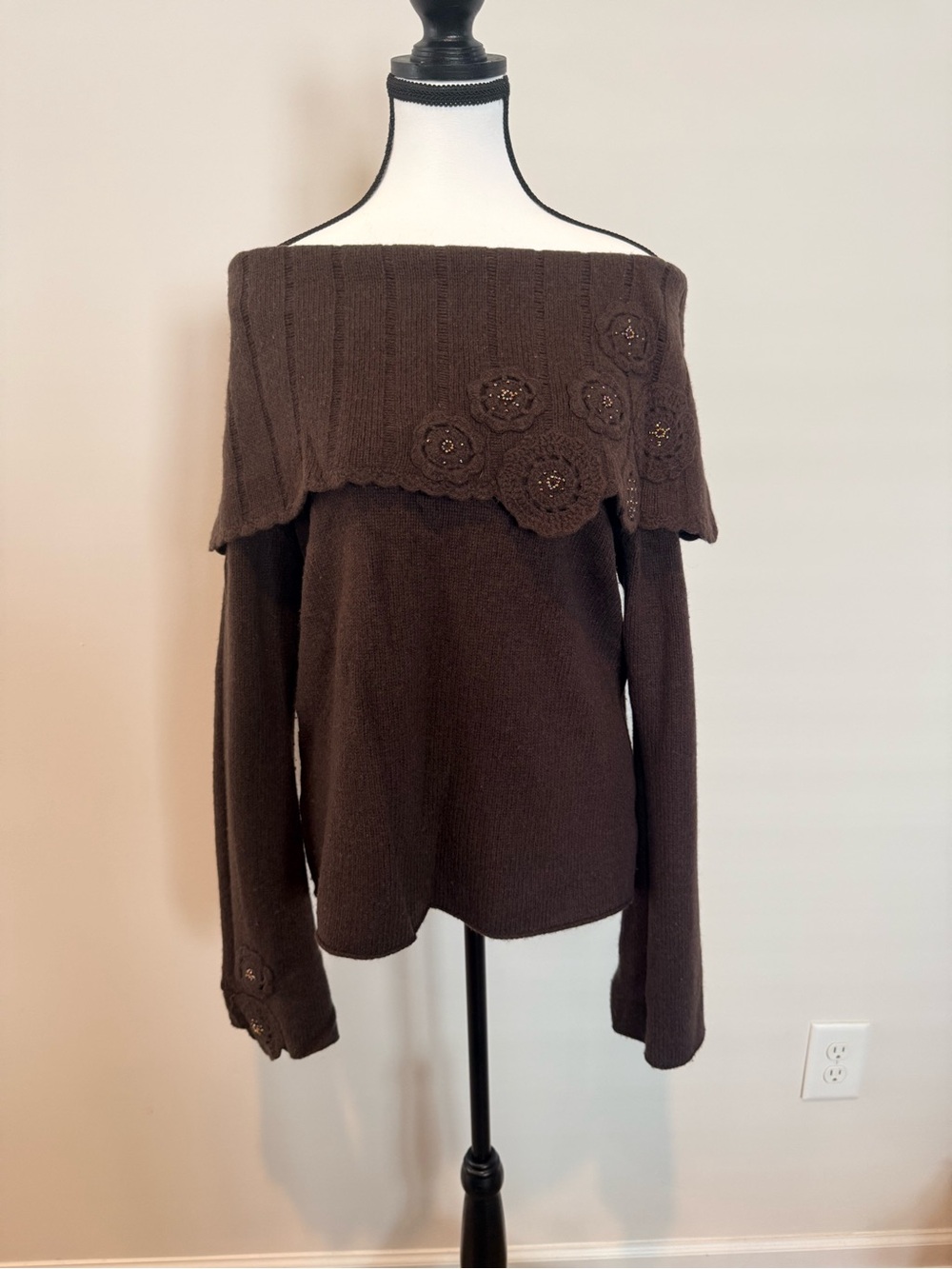 Off-Shoulder Floral Appliqué Sweater